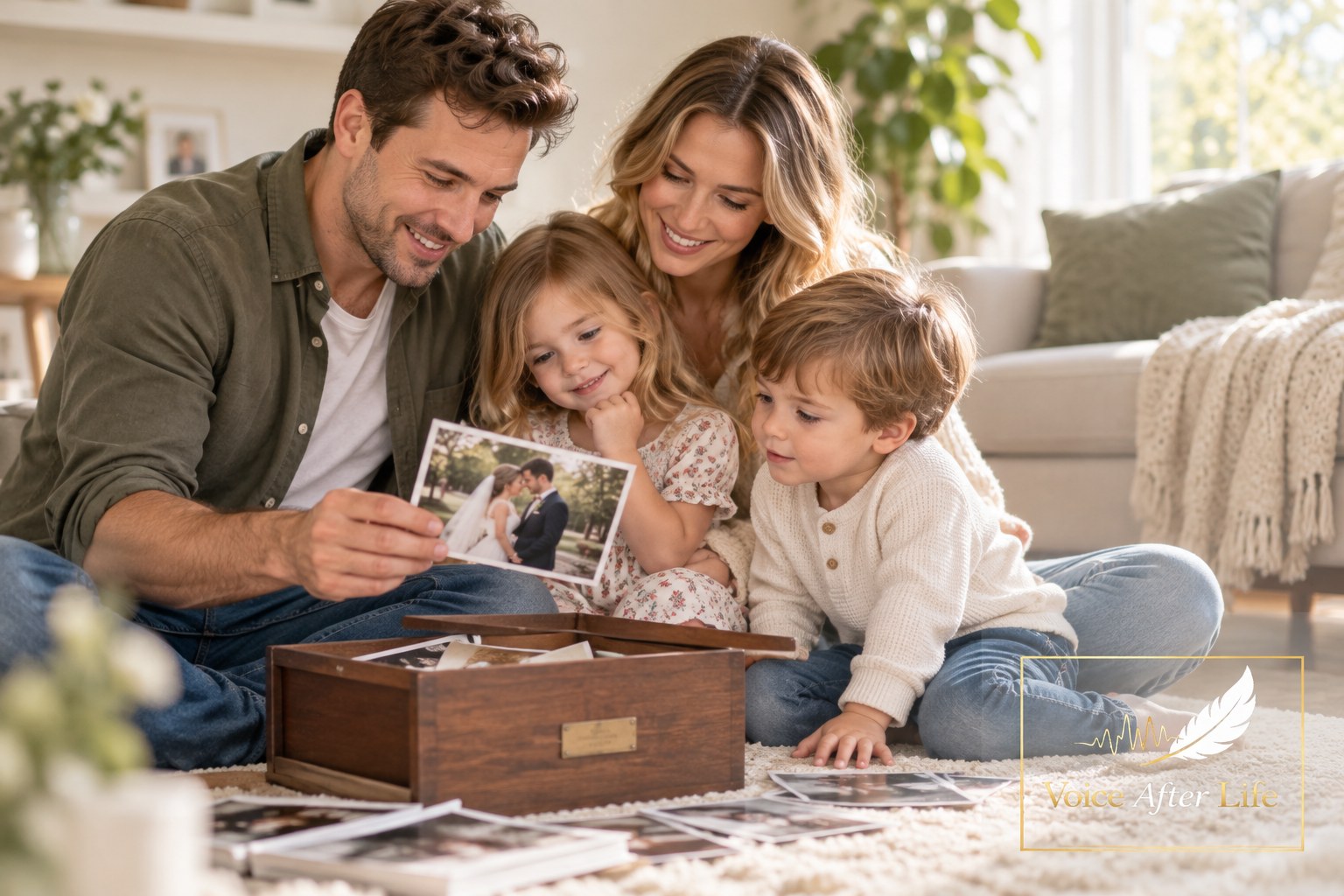 Young white father and mother with two small children share their wedding photograph as a family.