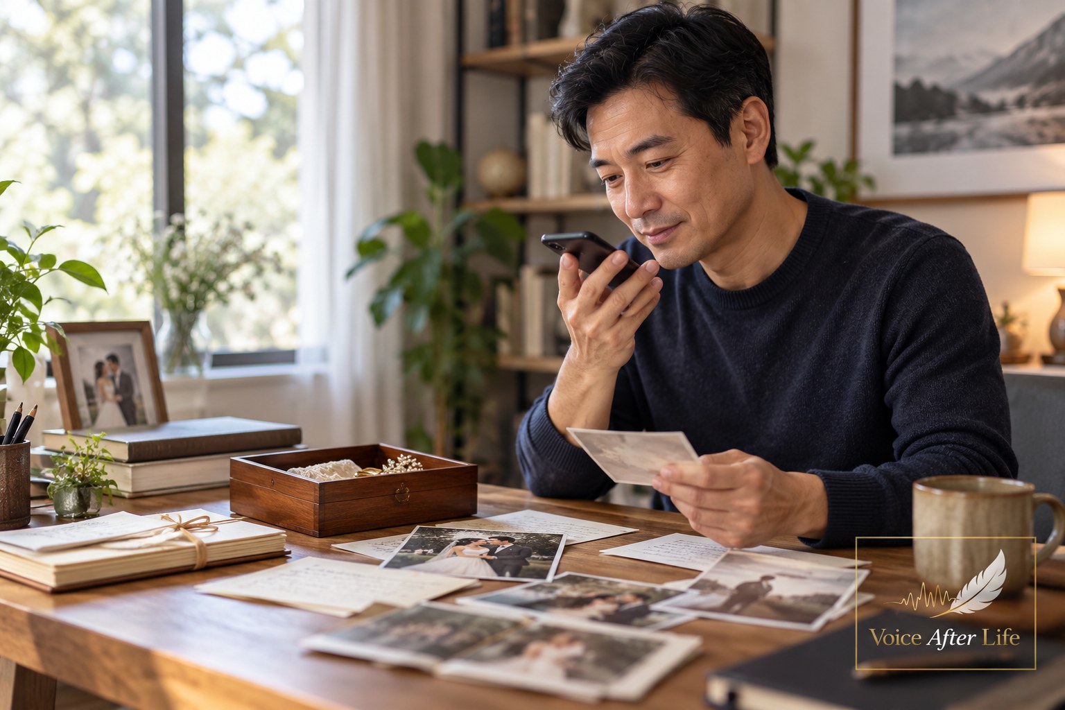 Single East Asian man at a desk with wedding keepsakes and family memories, recording a thoughtful message.