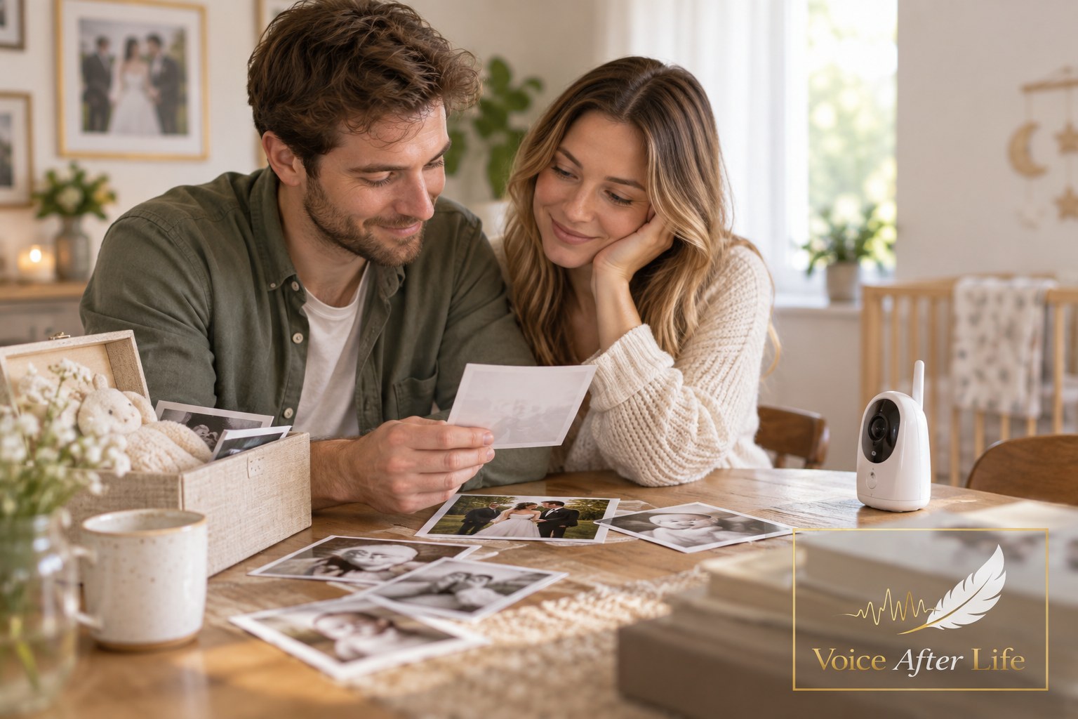 Young white married couple in a nursery-like room reflect together on wedding and family photographs.