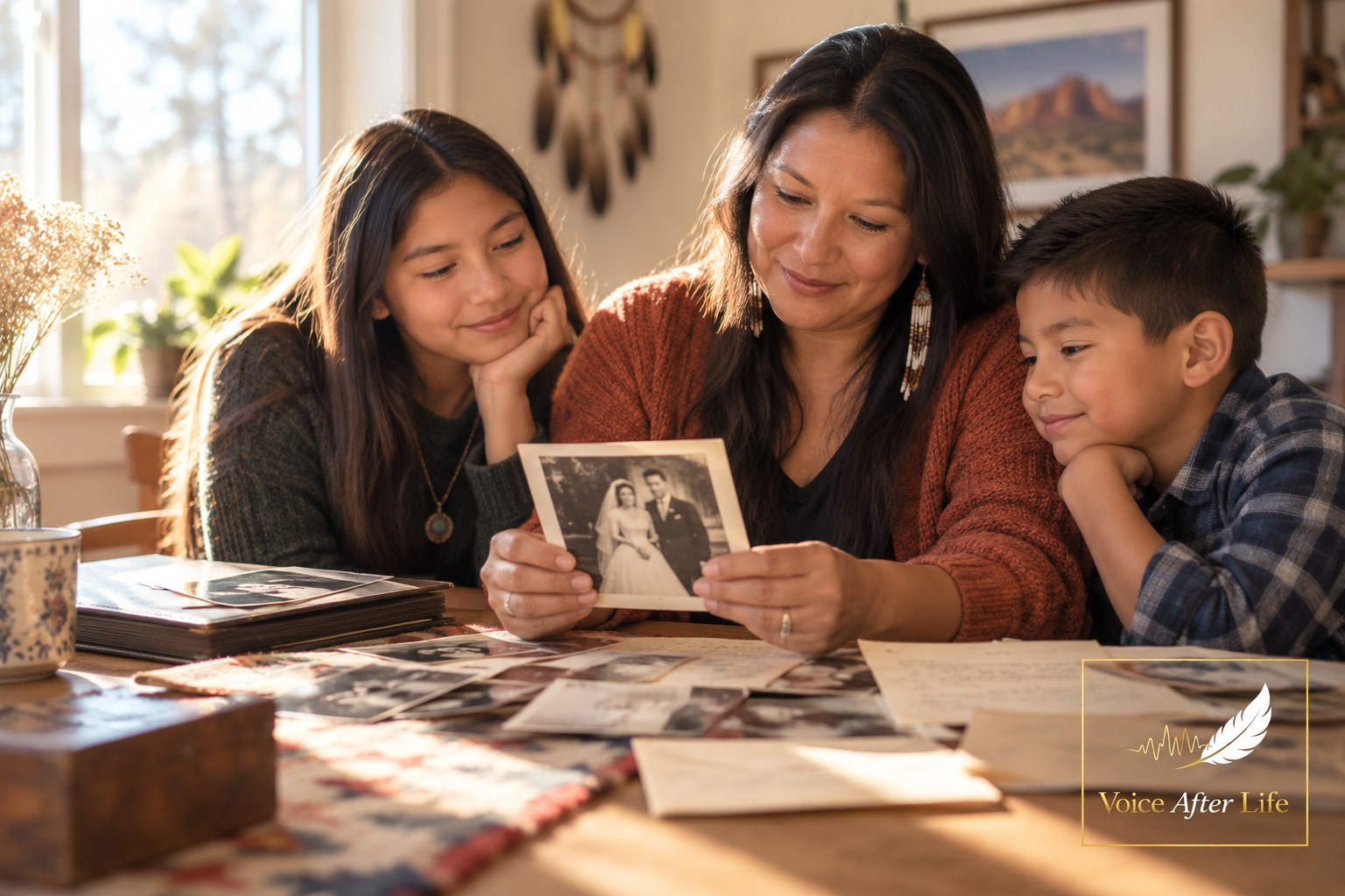 Native American mother with a teenage daughter and younger son shares a family wedding photograph at home.