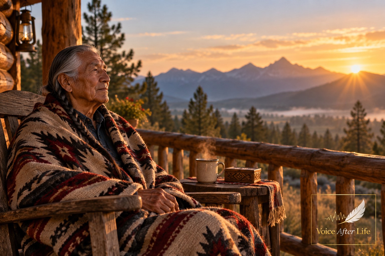 Native American elder sits quietly on a cabin porch at sunrise, daydreaming toward distant mountains.