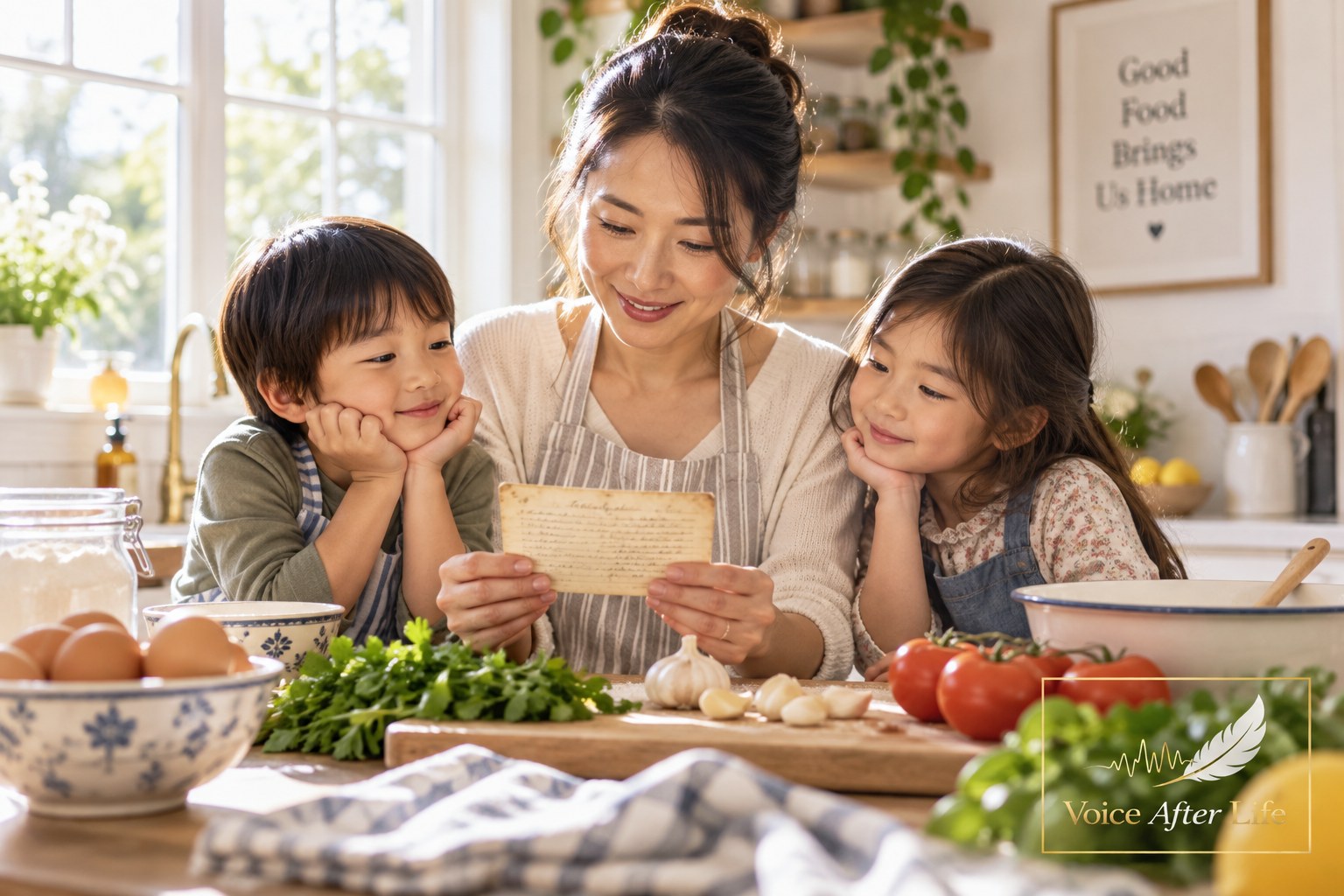 East Asian mother and two young children study an old handwritten recipe together in a bright kitchen.