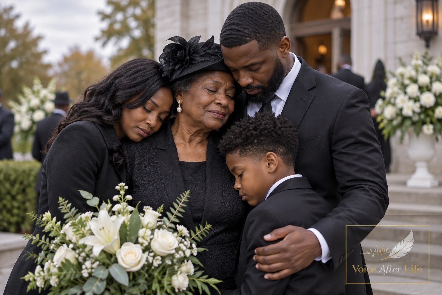 Black family in formal mourning clothes comfort an elderly woman outside a church after a funeral.