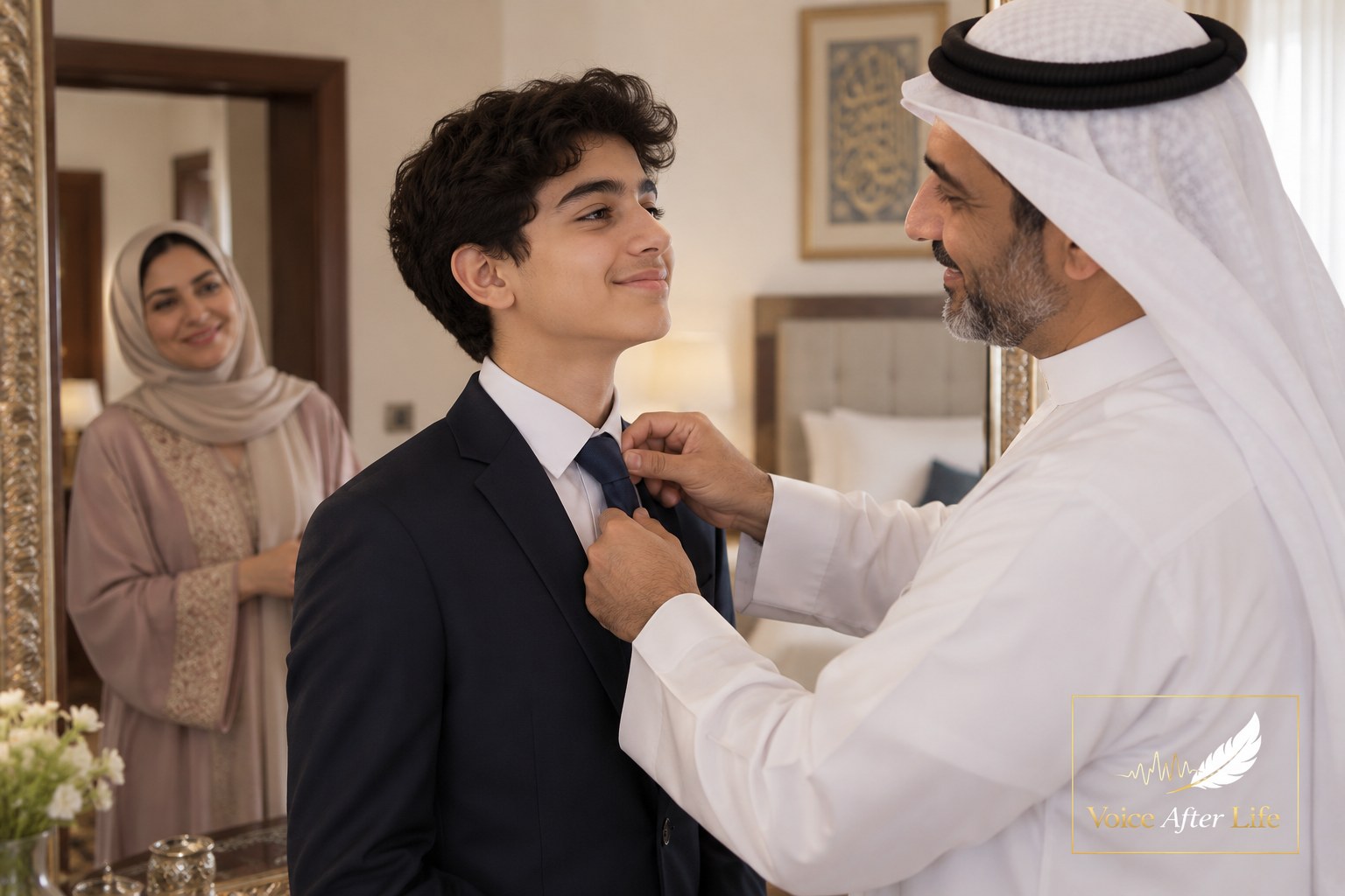 Middle Eastern father adjusts his teenage son's tie for a special occasion while the mother watches proudly.