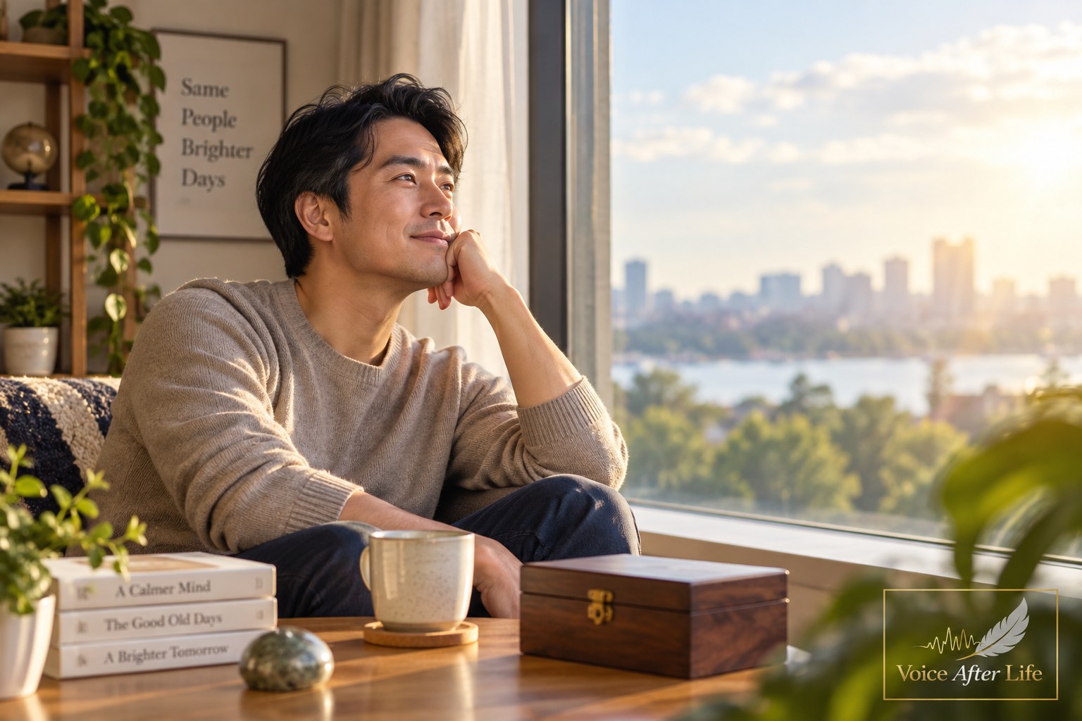 Single East Asian man sits by a large window daydreaming over a city skyline and water view.