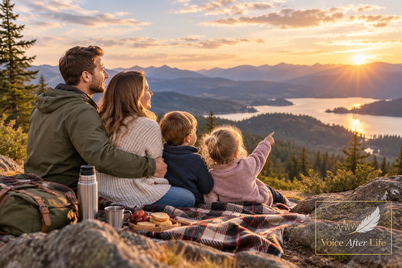 Young white family of four sits together on a mountain overlook at sunset, taking in the landscape.